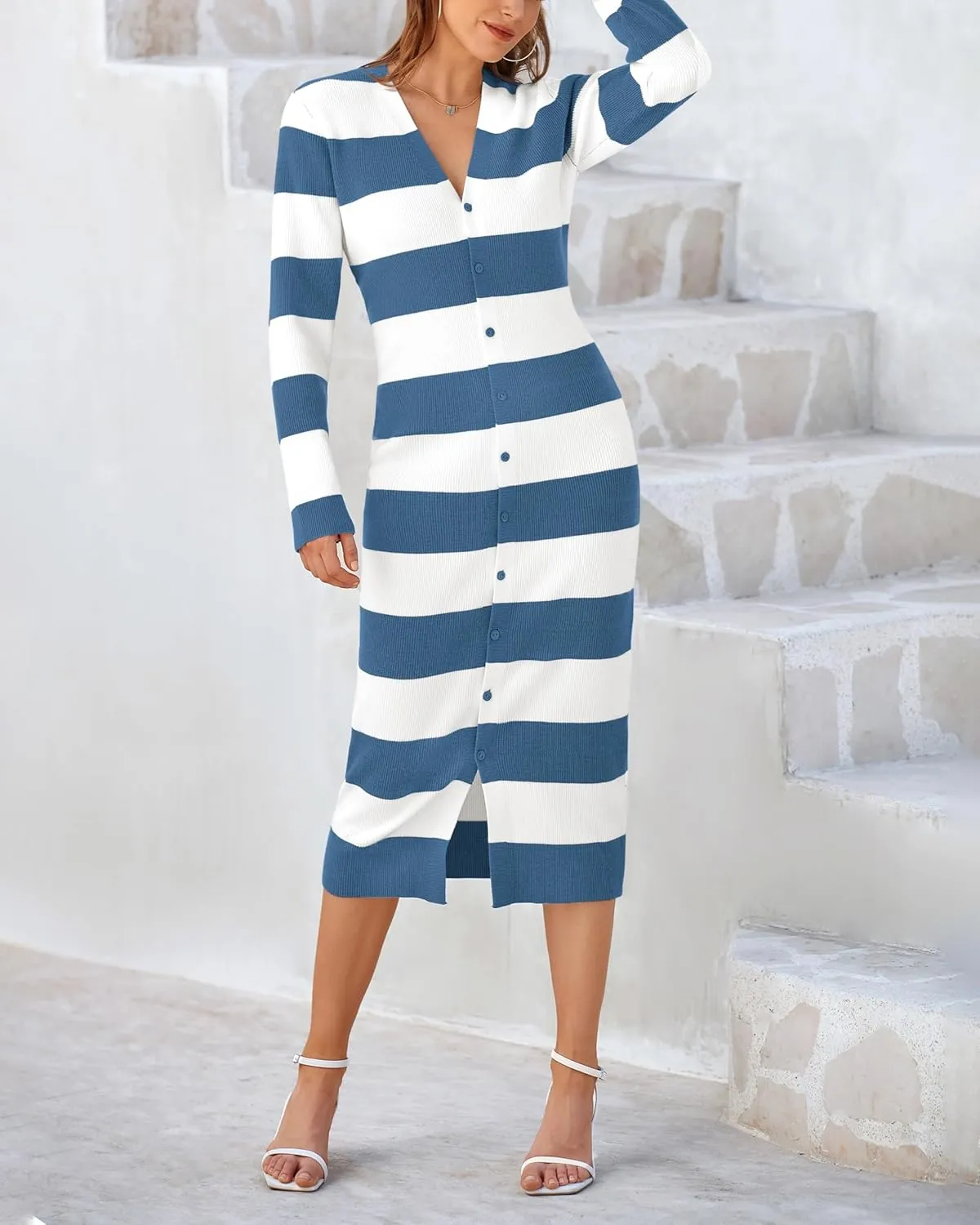 PRETTYGARDEN Women's Dresses 2025 Fall Long Sleeve V Neck Button Down Ribbed Knit Stripes Bodycon Midi Sweater Dress