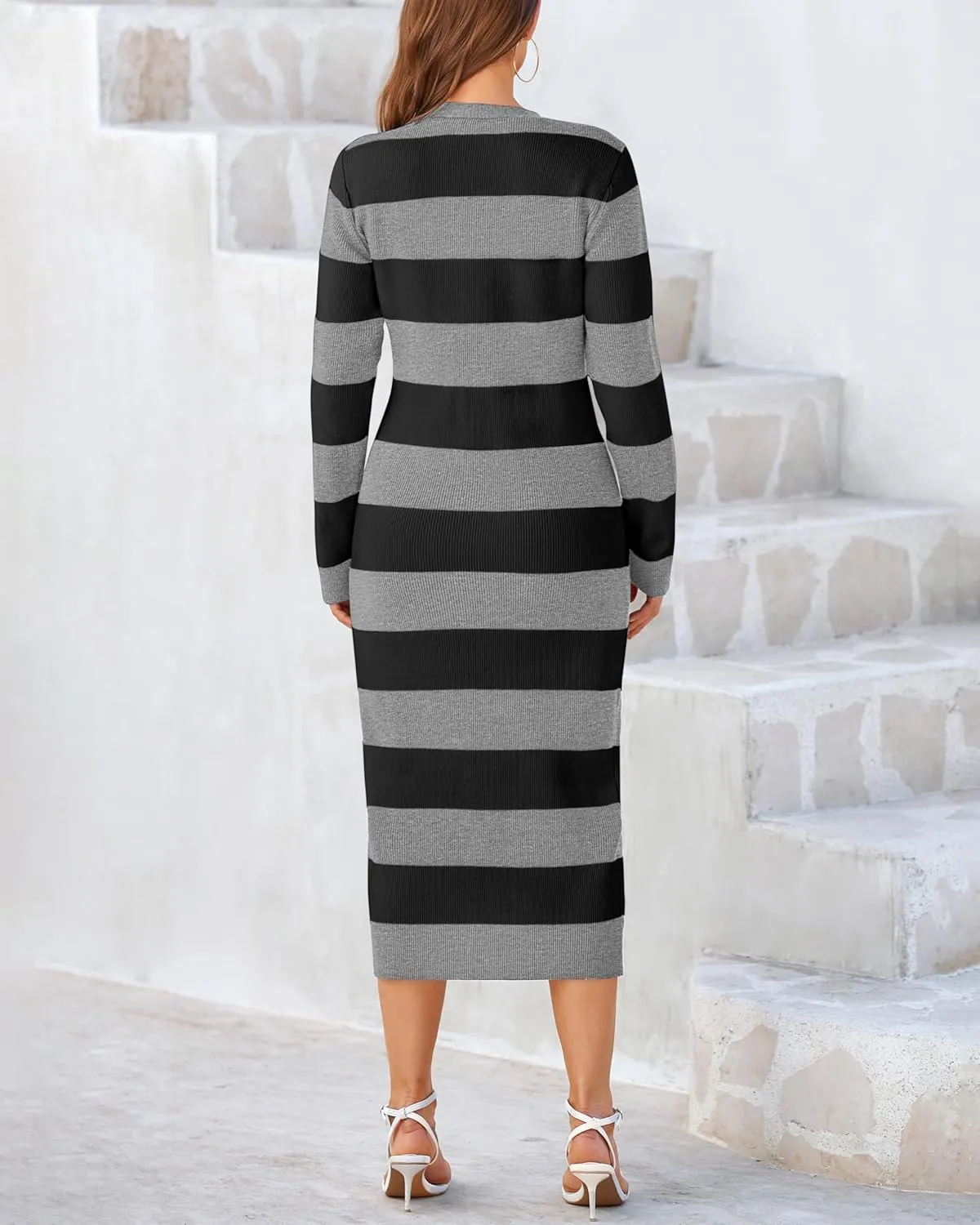 PRETTYGARDEN Women's Dresses 2025 Fall Long Sleeve V Neck Button Down Ribbed Knit Stripes Bodycon Midi Sweater Dress