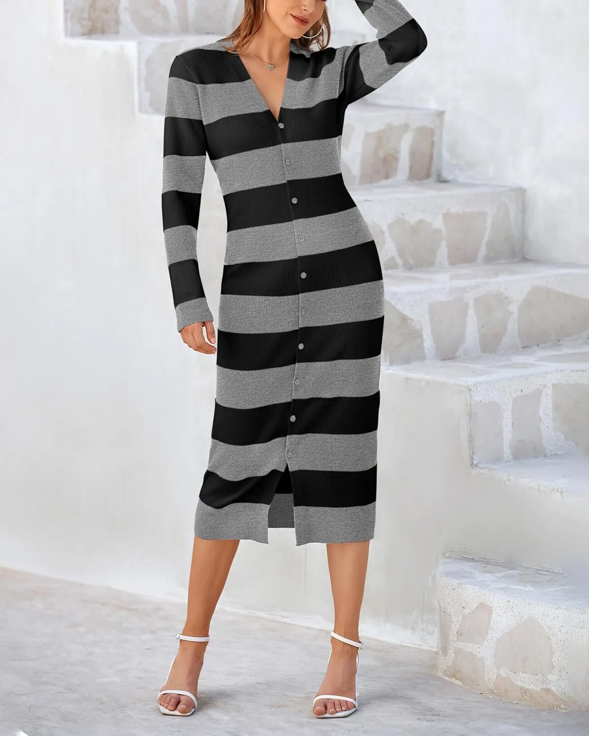 PRETTYGARDEN Women's Dresses 2025 Fall Long Sleeve V Neck Button Down Ribbed Knit Stripes Bodycon Midi Sweater Dress
