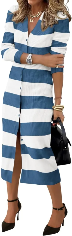 PRETTYGARDEN Women's Dresses 2025 Fall Long Sleeve V Neck Button Down Ribbed Knit Stripes Bodycon Midi Sweater Dress