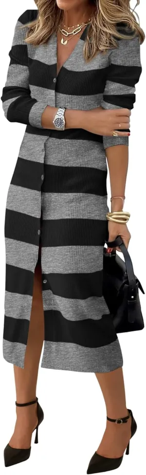 PRETTYGARDEN Women's Dresses 2025 Fall Long Sleeve V Neck Button Down Ribbed Knit Stripes Bodycon Midi Sweater Dress