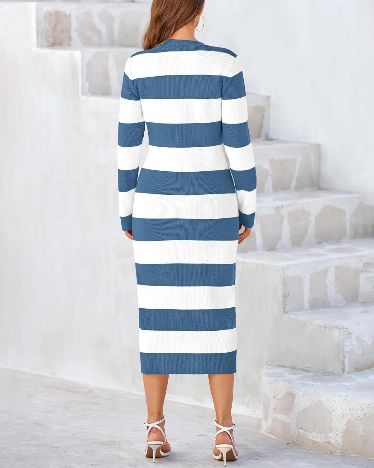 PRETTYGARDEN Women's Dresses 2025 Fall Long Sleeve V Neck Button Down Ribbed Knit Stripes Bodycon Midi Sweater Dress