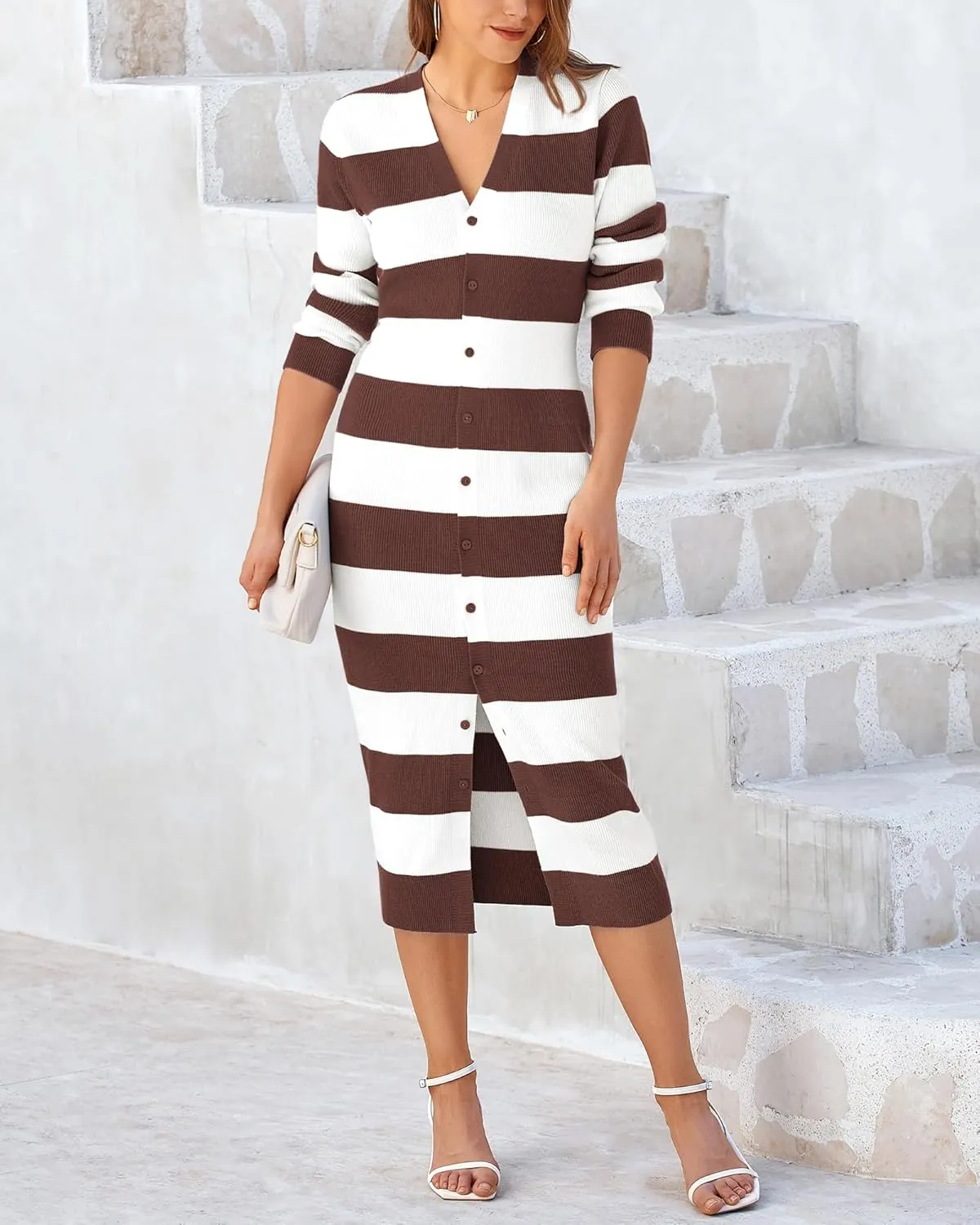 PRETTYGARDEN Women's Dresses 2025 Fall Long Sleeve V Neck Button Down Ribbed Knit Stripes Bodycon Midi Sweater Dress