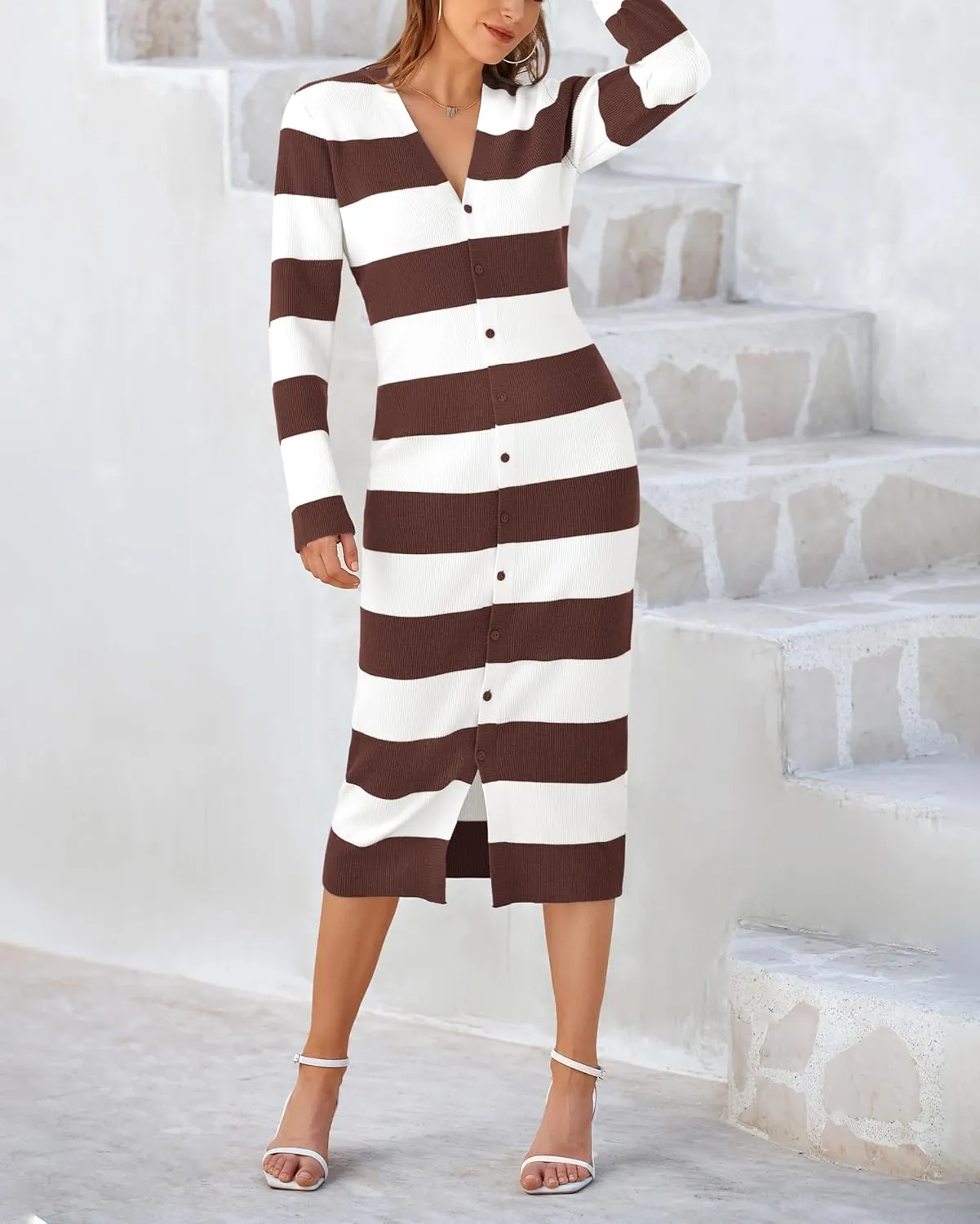 PRETTYGARDEN Women's Dresses 2025 Fall Long Sleeve V Neck Button Down Ribbed Knit Stripes Bodycon Midi Sweater Dress