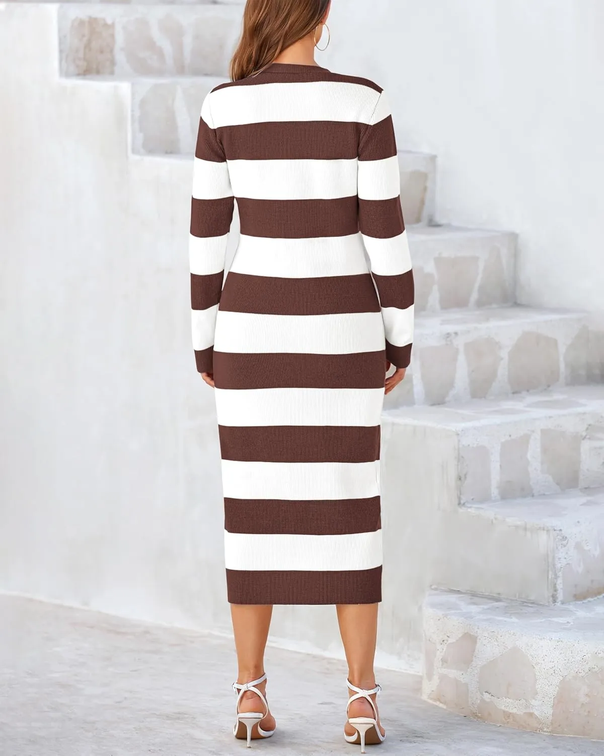 PRETTYGARDEN Women's Dresses 2025 Fall Long Sleeve V Neck Button Down Ribbed Knit Stripes Bodycon Midi Sweater Dress