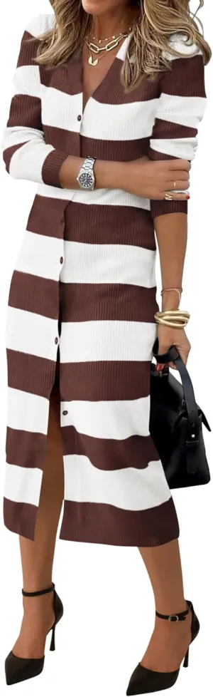 PRETTYGARDEN Women's Dresses 2025 Fall Long Sleeve V Neck Button Down Ribbed Knit Stripes Bodycon Midi Sweater Dress