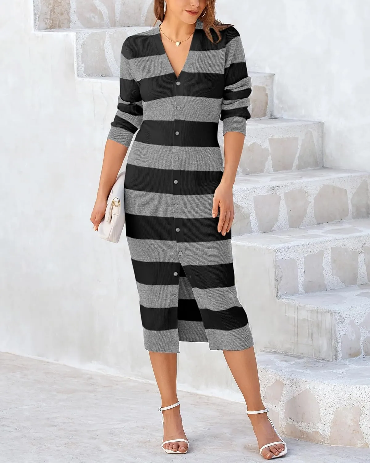 PRETTYGARDEN Women's Dresses 2025 Fall Long Sleeve V Neck Button Down Ribbed Knit Stripes Bodycon Midi Sweater Dress