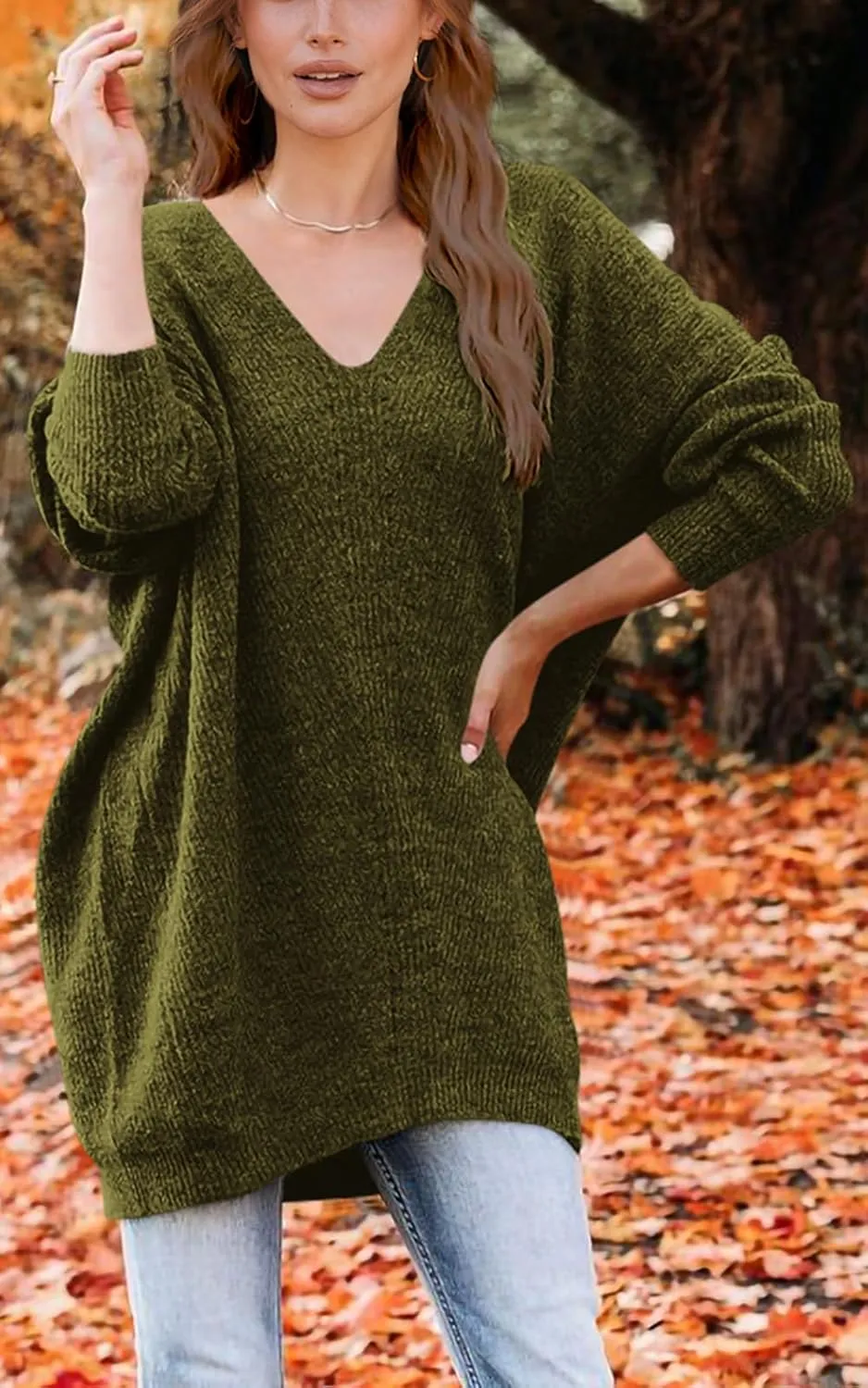 PRETTYGARDEN Women's Pullover Sweater Dress Casual Long Sleeve Ribbed Knit V Neck Loose Oversized Sweaters Dresses