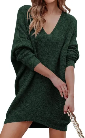 PRETTYGARDEN Women's Pullover Sweater Dress Casual Long Sleeve Ribbed Knit V Neck Loose Oversized Sweaters Dresses