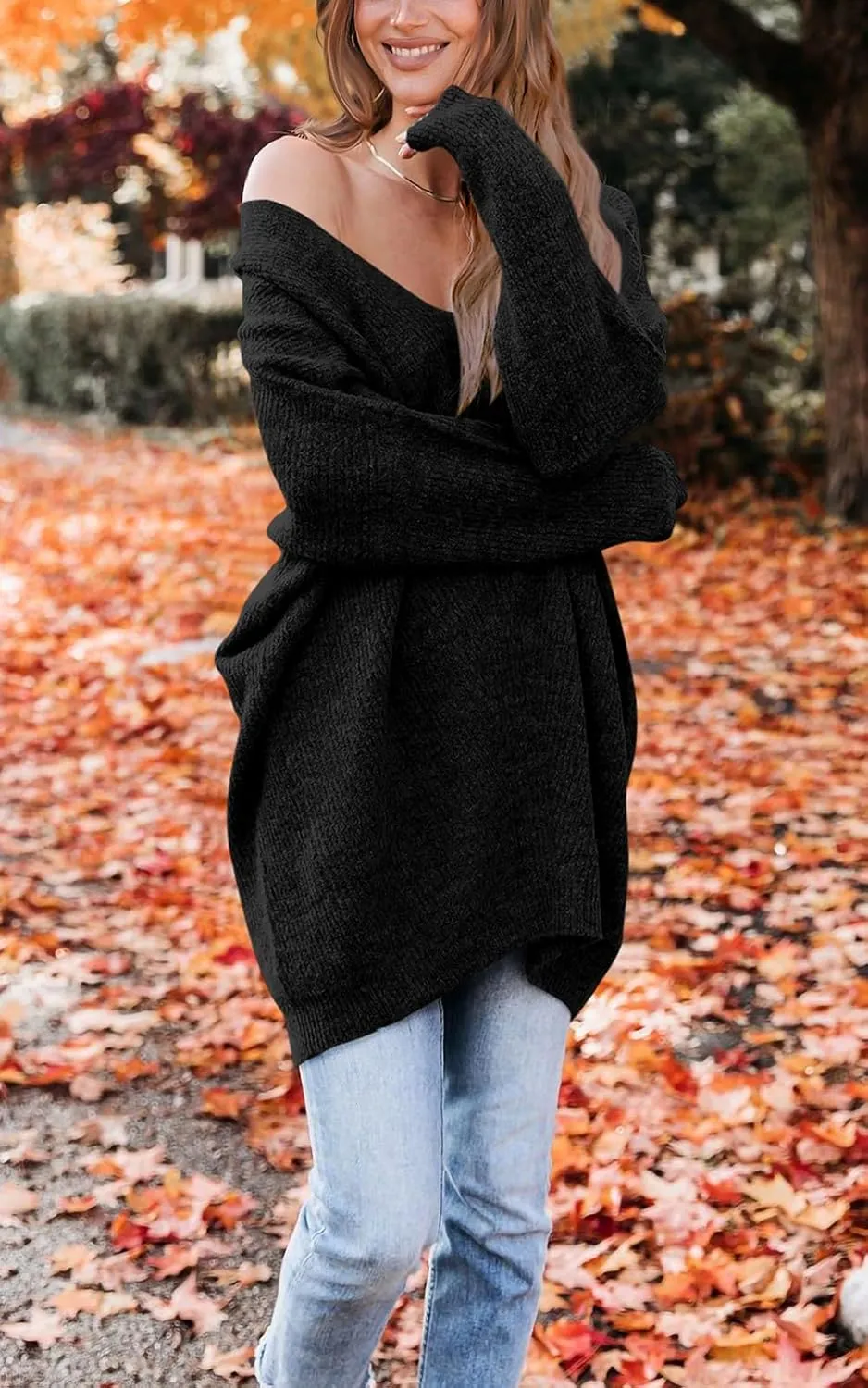PRETTYGARDEN Women's Pullover Sweater Dress Casual Long Sleeve Ribbed Knit V Neck Loose Oversized Sweaters Dresses