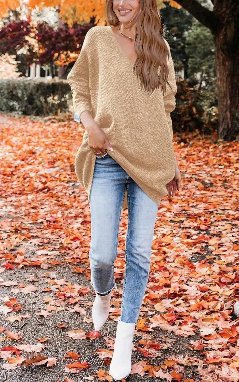PRETTYGARDEN Women's Pullover Sweater Dress Casual Long Sleeve Ribbed Knit V Neck Loose Oversized Sweaters Dresses