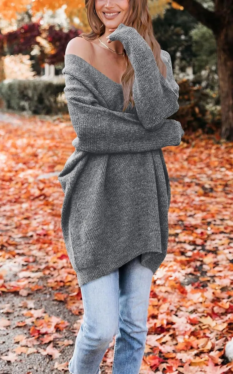 PRETTYGARDEN Women's Pullover Sweater Dress Casual Long Sleeve Ribbed Knit V Neck Loose Oversized Sweaters Dresses