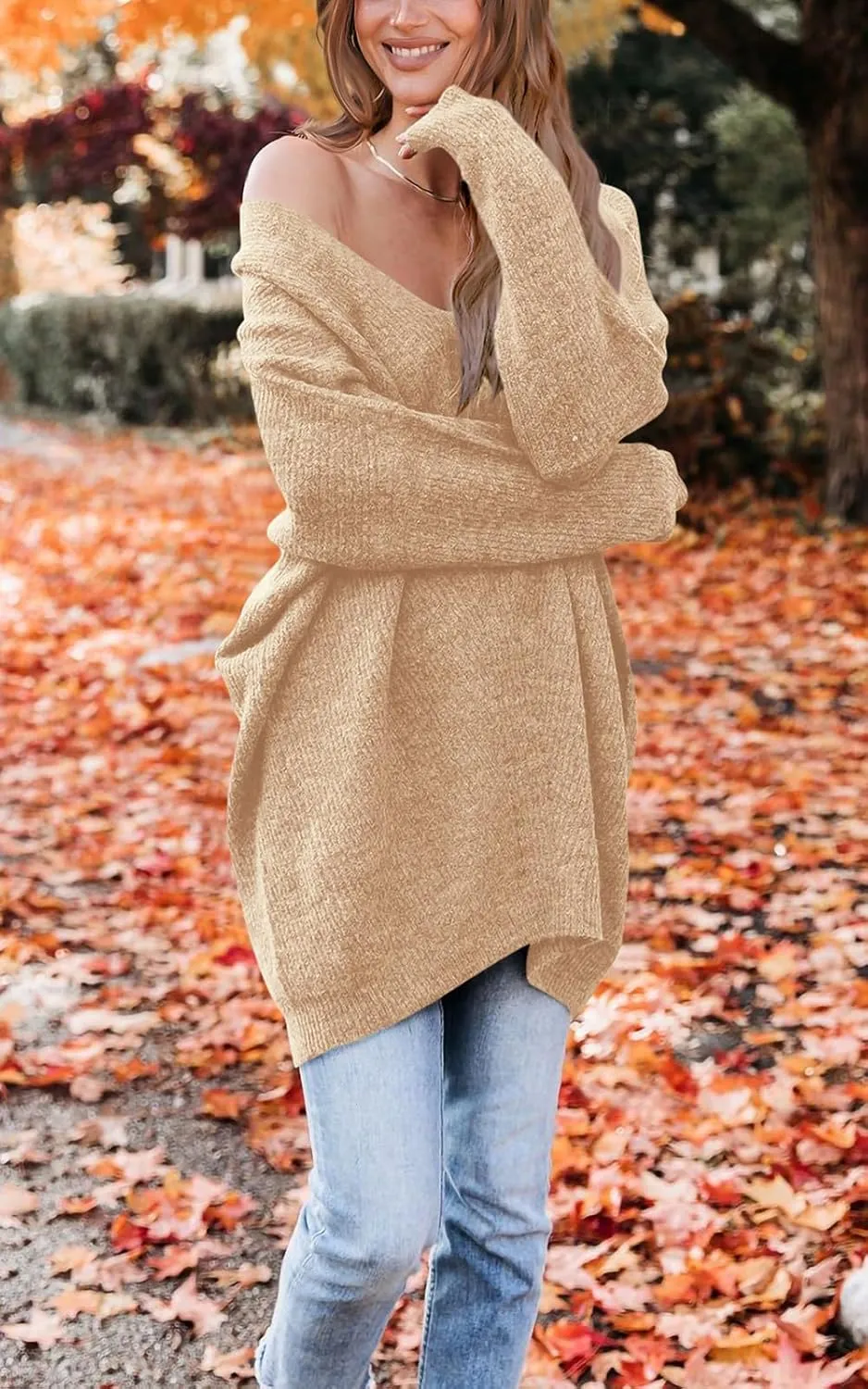 PRETTYGARDEN Women's Pullover Sweater Dress Casual Long Sleeve Ribbed Knit V Neck Loose Oversized Sweaters Dresses