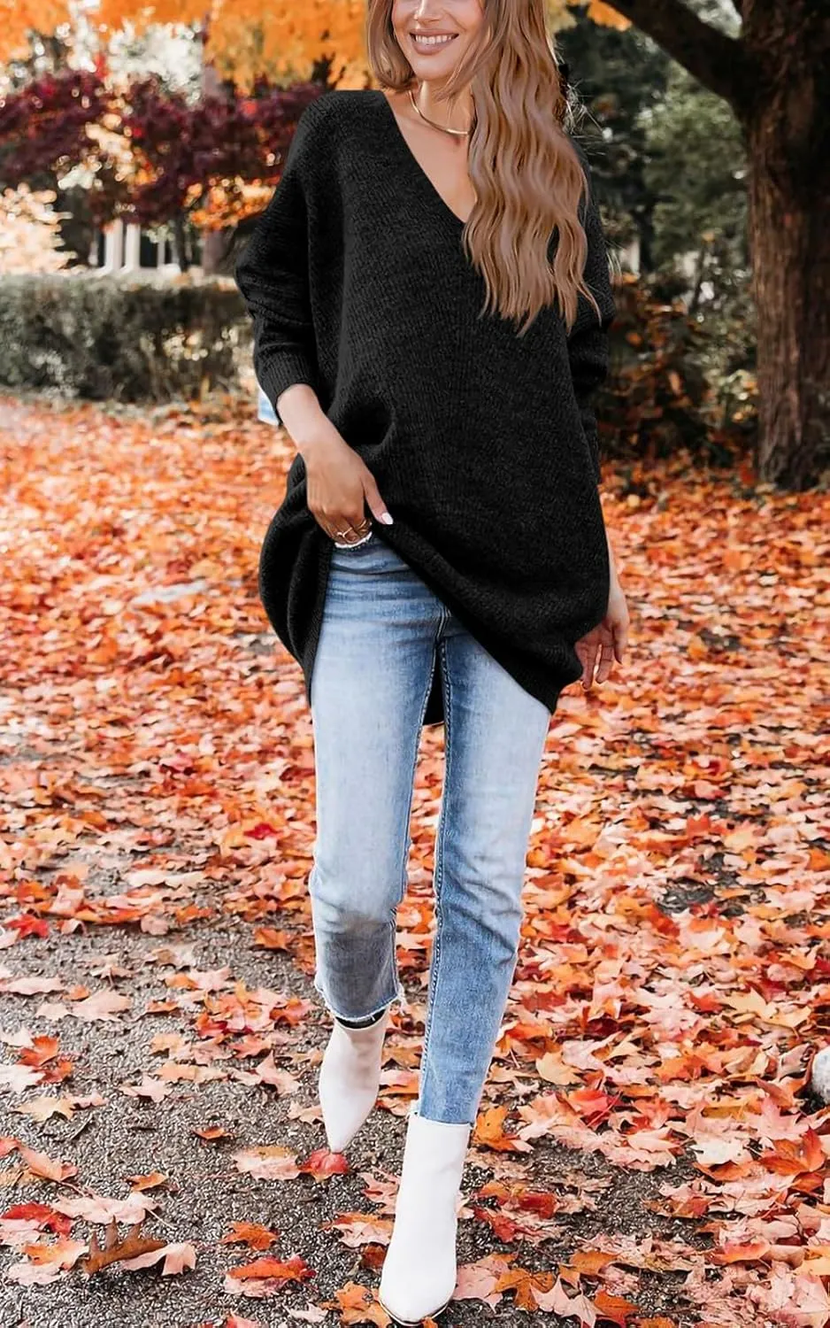PRETTYGARDEN Women's Pullover Sweater Dress Casual Long Sleeve Ribbed Knit V Neck Loose Oversized Sweaters Dresses