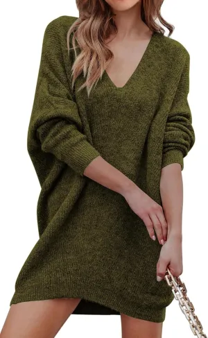 PRETTYGARDEN Women's Pullover Sweater Dress Casual Long Sleeve Ribbed Knit V Neck Loose Oversized Sweaters Dresses