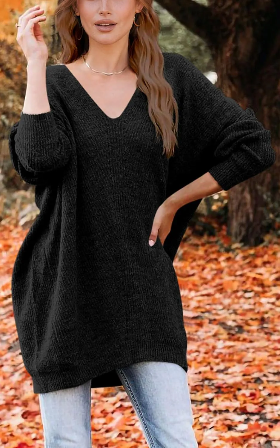 PRETTYGARDEN Women's Pullover Sweater Dress Casual Long Sleeve Ribbed Knit V Neck Loose Oversized Sweaters Dresses