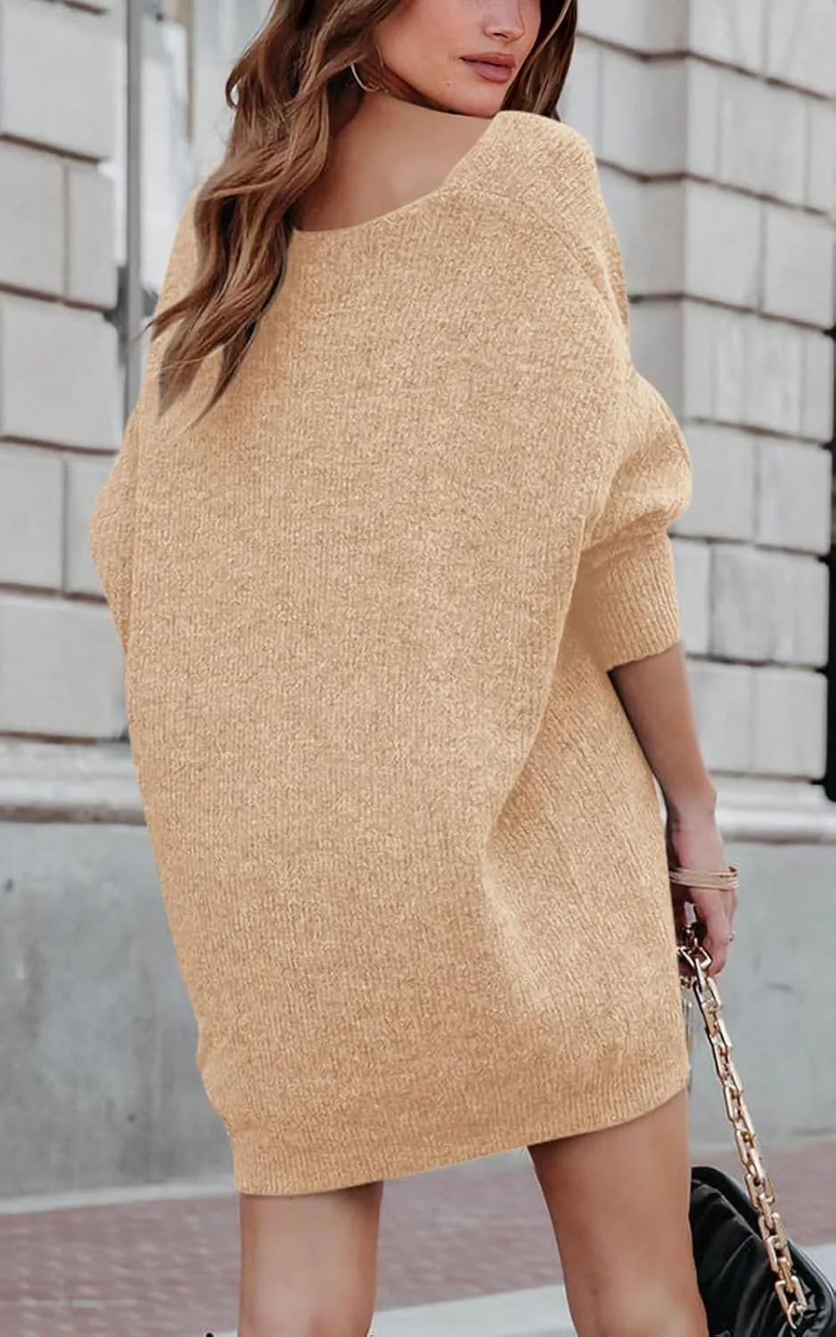 PRETTYGARDEN Women's Pullover Sweater Dress Casual Long Sleeve Ribbed Knit V Neck Loose Oversized Sweaters Dresses