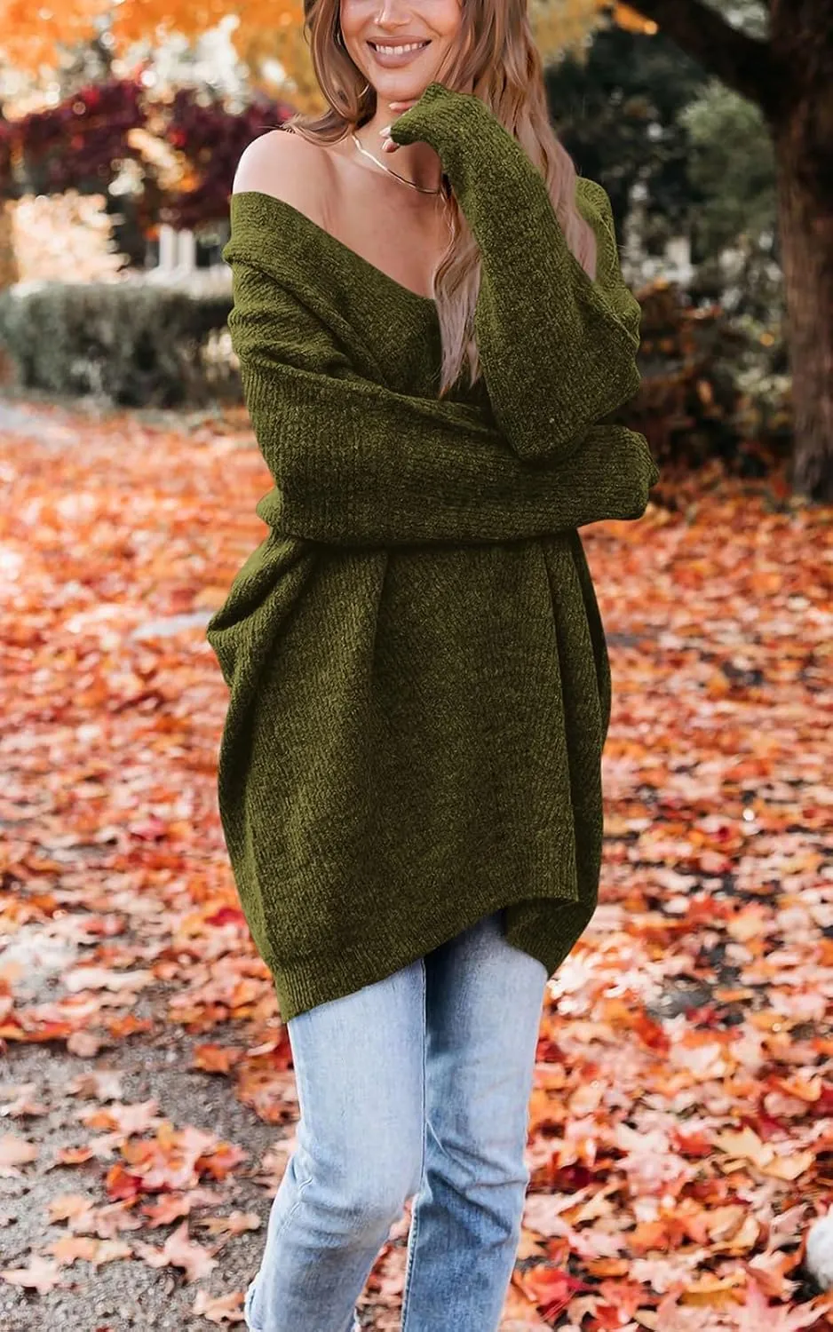 PRETTYGARDEN Women's Pullover Sweater Dress Casual Long Sleeve Ribbed Knit V Neck Loose Oversized Sweaters Dresses