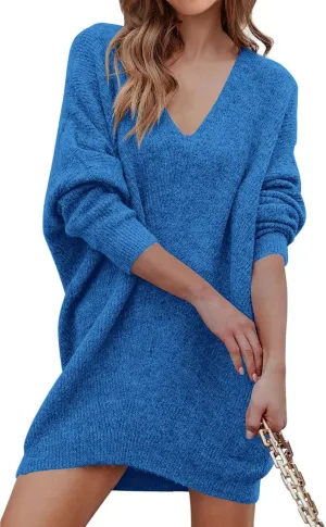 PRETTYGARDEN Women's Pullover Sweater Dress Casual Long Sleeve Ribbed Knit V Neck Loose Oversized Sweaters Dresses