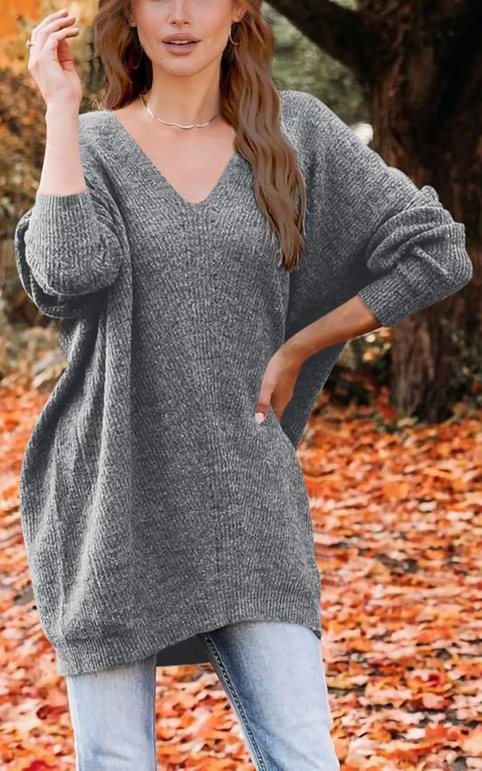 PRETTYGARDEN Women's Pullover Sweater Dress Casual Long Sleeve Ribbed Knit V Neck Loose Oversized Sweaters Dresses