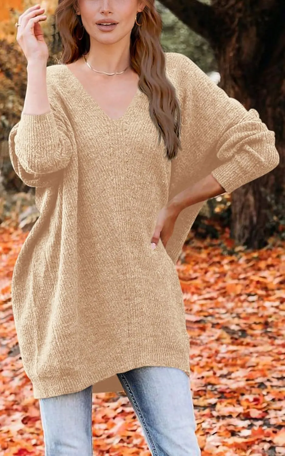 PRETTYGARDEN Women's Pullover Sweater Dress Casual Long Sleeve Ribbed Knit V Neck Loose Oversized Sweaters Dresses