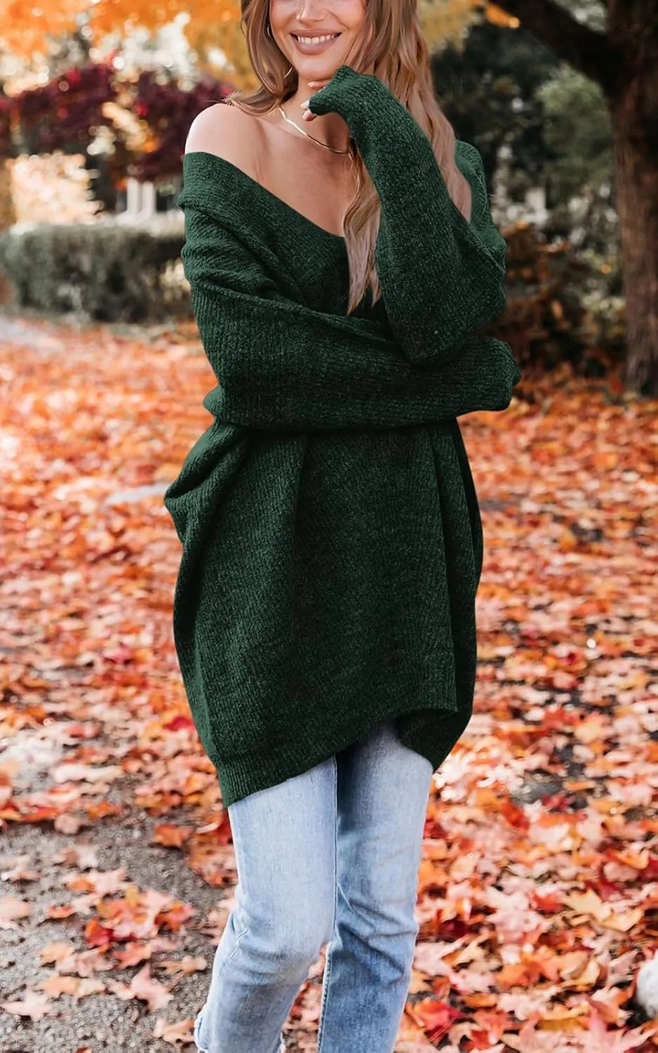PRETTYGARDEN Women's Pullover Sweater Dress Casual Long Sleeve Ribbed Knit V Neck Loose Oversized Sweaters Dresses