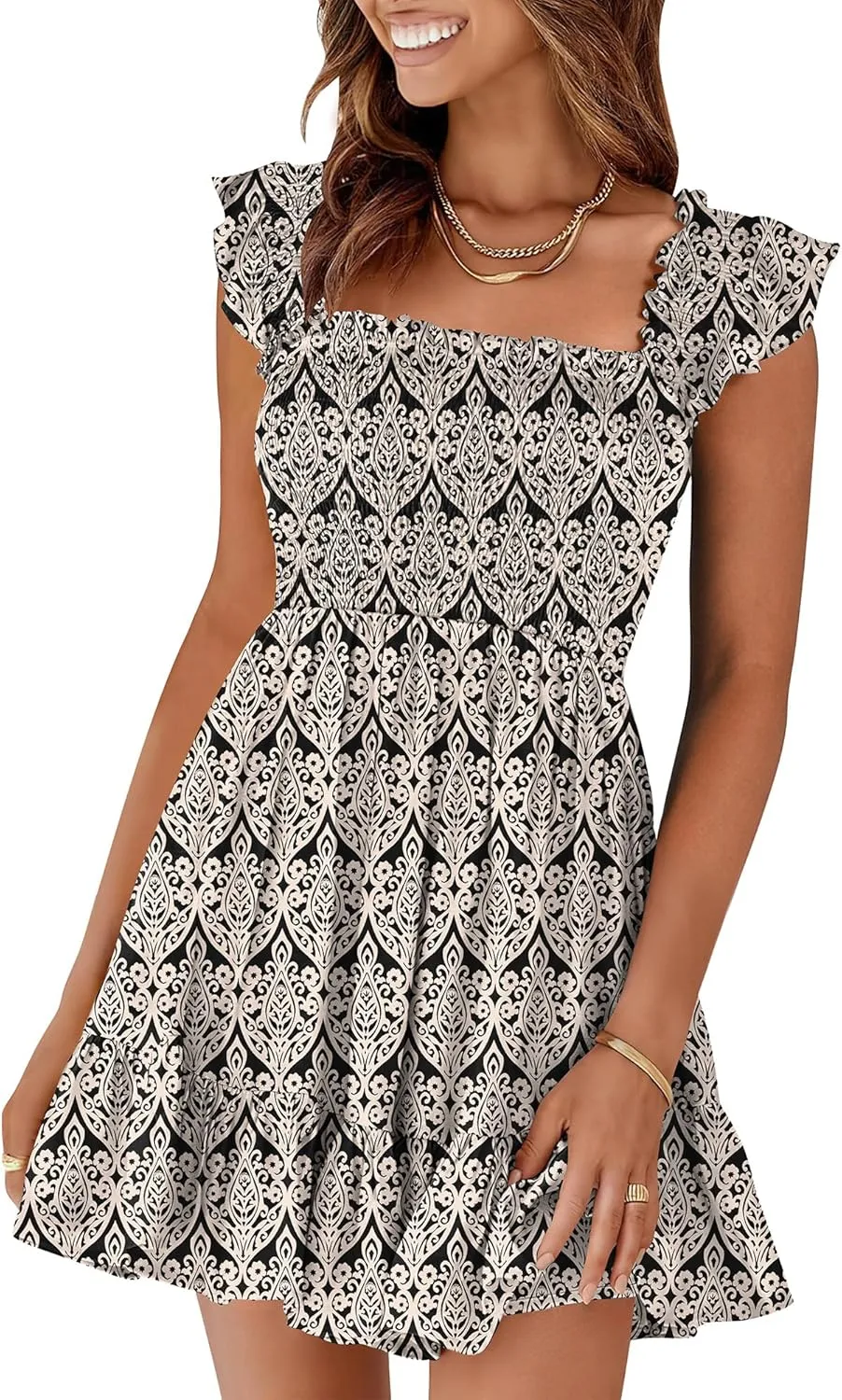 Prinbara Womens Summer Casual Square Neck Smocked Short Sundress 2025 Spring Beach Vacation Flowy Cute Teen Boho Dresses