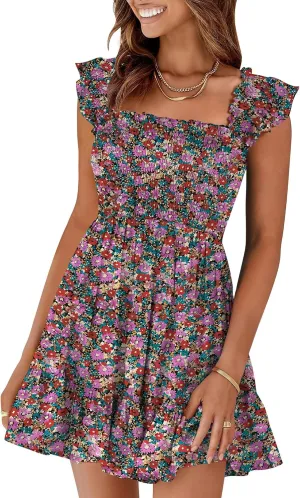 Prinbara Womens Summer Casual Square Neck Smocked Short Sundress 2025 Spring Beach Vacation Flowy Cute Teen Boho Dresses