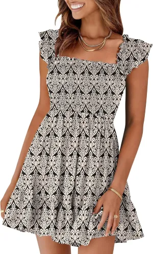Prinbara Womens Summer Casual Square Neck Smocked Short Sundress 2025 Spring Beach Vacation Flowy Cute Teen Boho Dresses