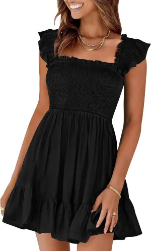 Prinbara Womens Summer Casual Square Neck Smocked Short Sundress 2025 Spring Beach Vacation Flowy Cute Teen Boho Dresses