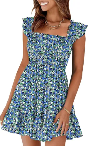 Prinbara Womens Summer Casual Square Neck Smocked Short Sundress 2025 Spring Beach Vacation Flowy Cute Teen Boho Dresses