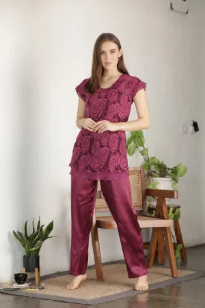 Printed Chiffon Layered & Satin Night suit