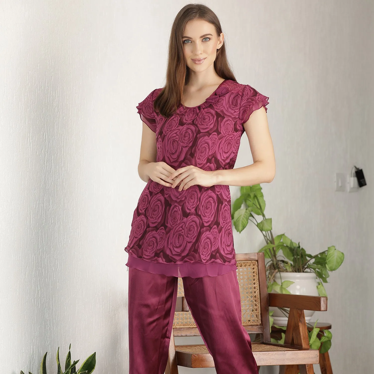 Printed Chiffon Layered & Satin Night suit