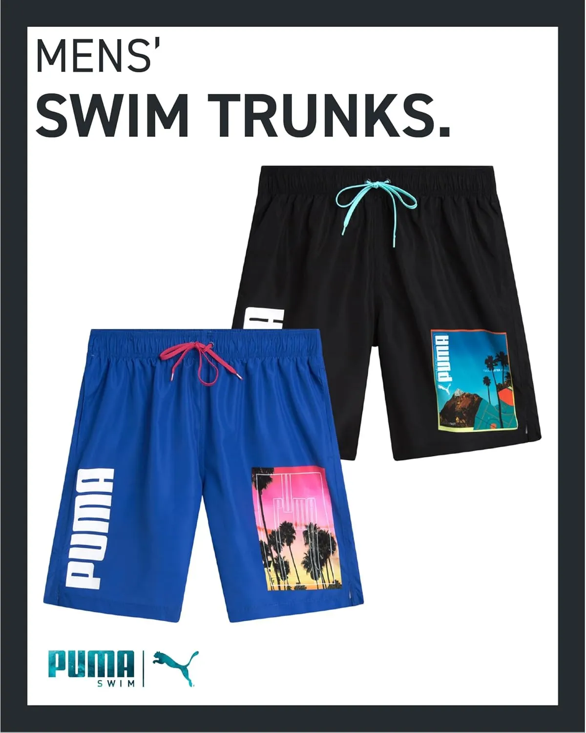 PUMA Men's Bathing Suit - 2 Pack Quick Dry Swimsuit Trunks with Mesh Compression Liner - 8" Inseam Swimwear (S-XL)