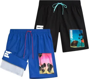 PUMA Men's Bathing Suit - 2 Pack Quick Dry Swimsuit Trunks with Mesh Compression Liner - 8" Inseam Swimwear (S-XL)