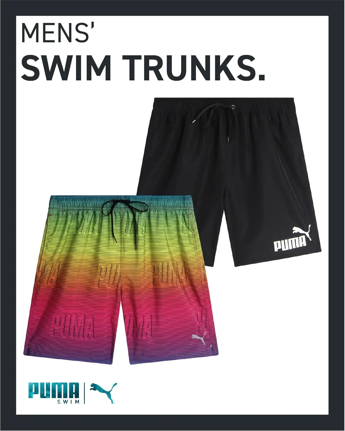 PUMA Men's Bathing Suit - 2 Pack Quick Dry Swimsuit Trunks with Mesh Compression Liner - 8" Inseam Swimwear (S-XL)