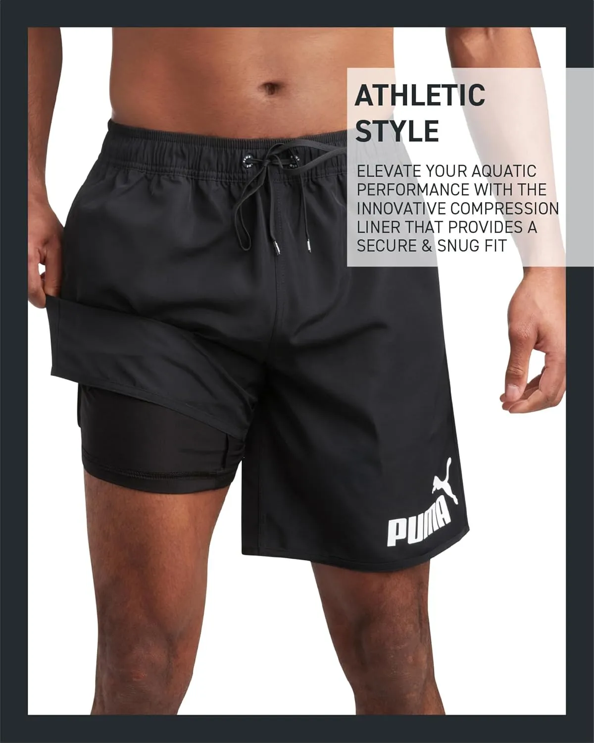 PUMA Men's Bathing Suit - 2 Pack Quick Dry Swimsuit Trunks with Mesh Compression Liner - 8" Inseam Swimwear (S-XL)