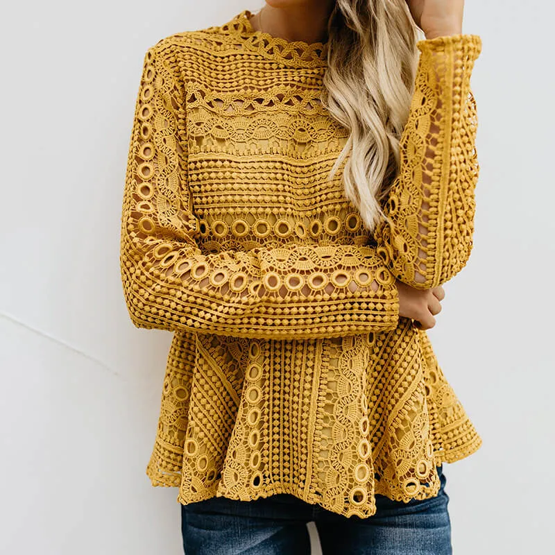 Pure Color Lace Long Puff Sleeves Blouse