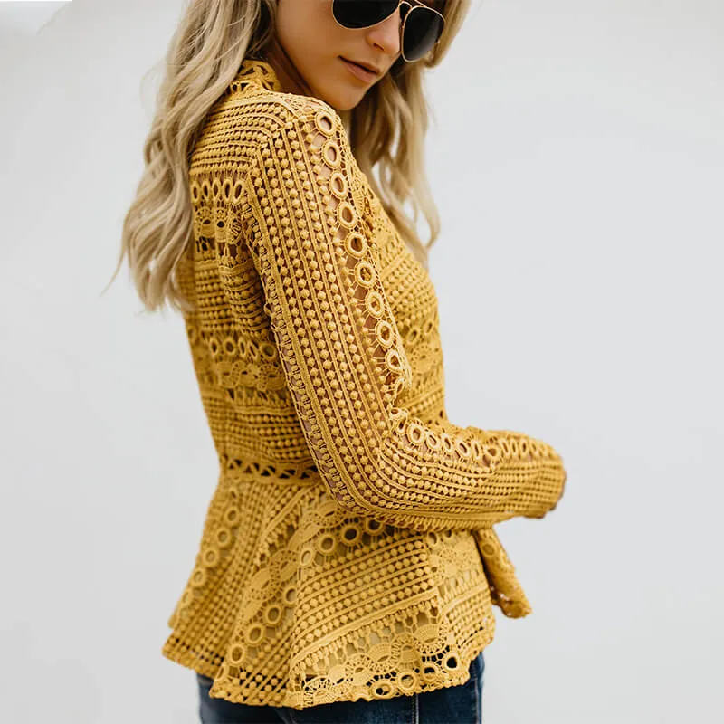 Pure Color Lace Long Puff Sleeves Blouse
