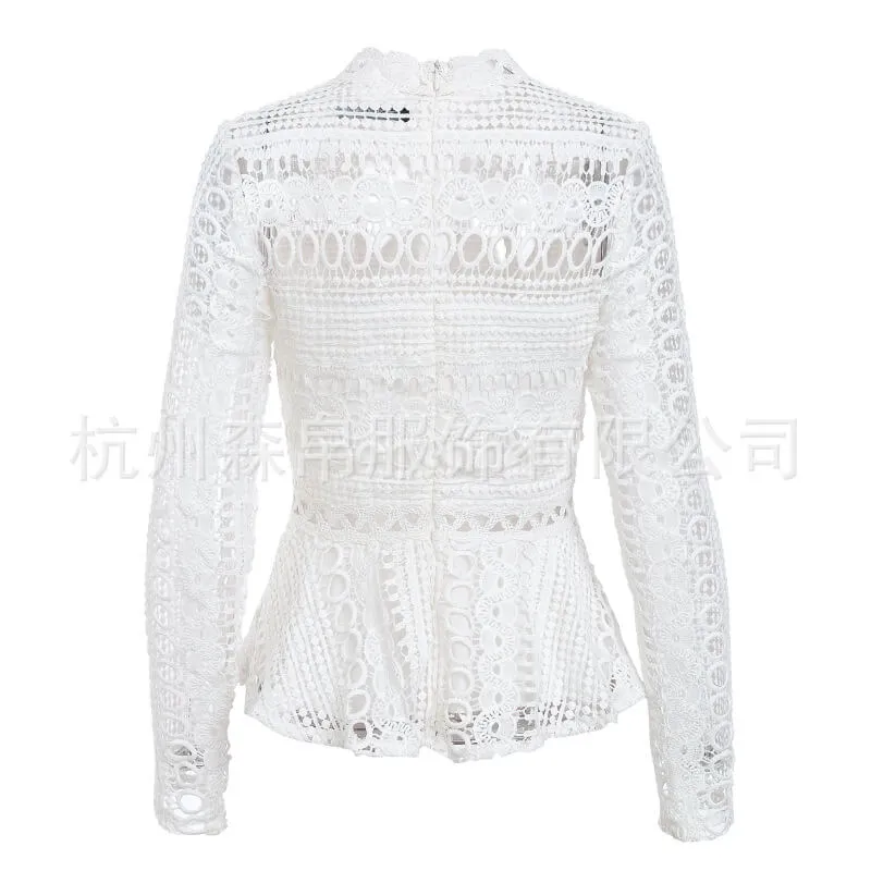 Pure Color Lace Long Puff Sleeves Blouse