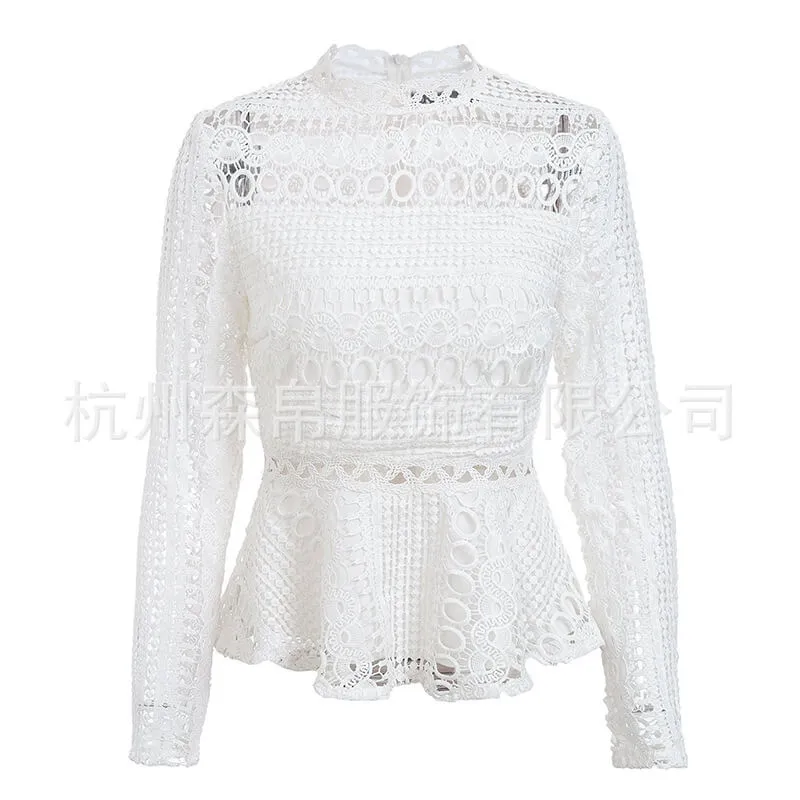 Pure Color Lace Long Puff Sleeves Blouse