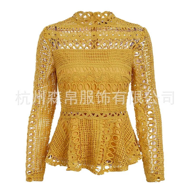 Pure Color Lace Long Puff Sleeves Blouse