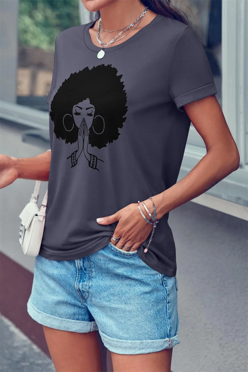 Qianxitang Women's Tops Cute Graphic Print Summer Causal Cotton Round Neck Short Sleeve Blouses T Shirt