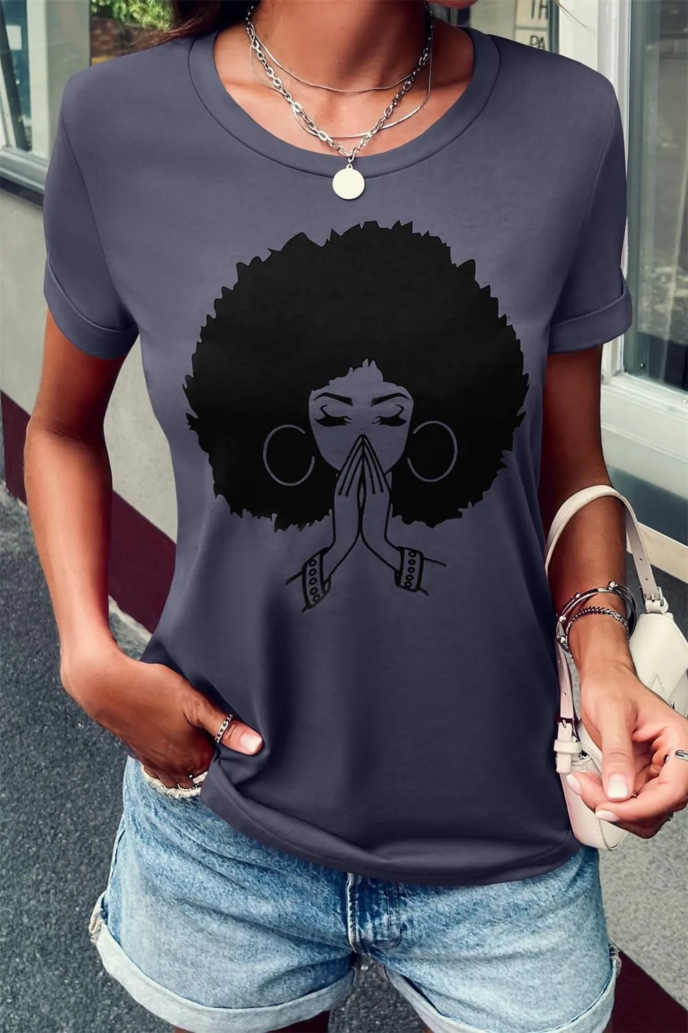Qianxitang Women's Tops Cute Graphic Print Summer Causal Cotton Round Neck Short Sleeve Blouses T Shirt