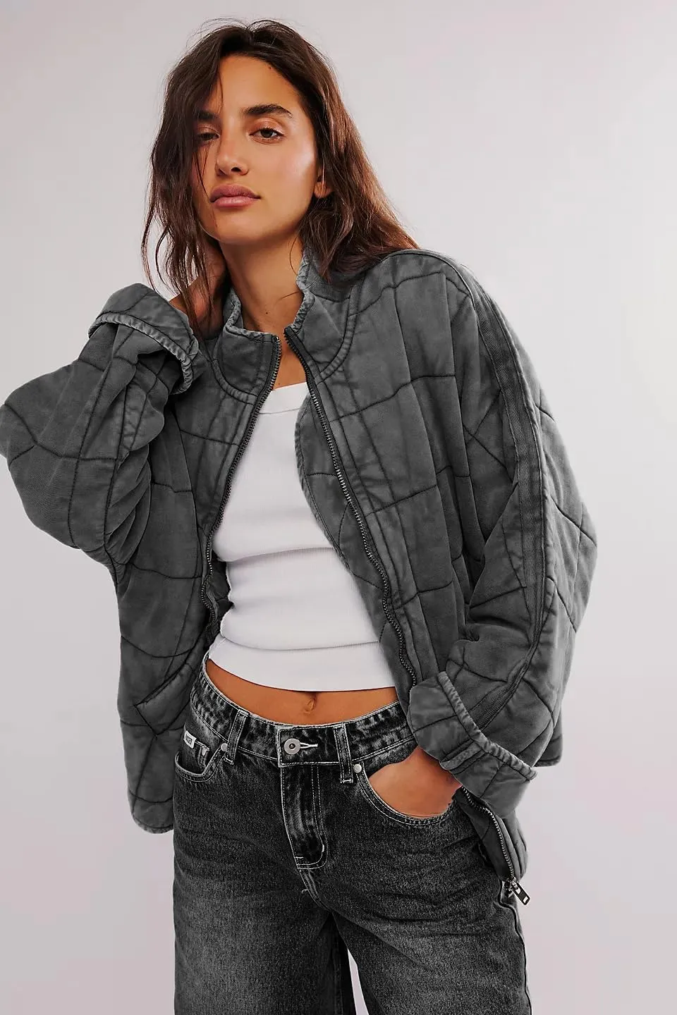 Quilted Jackets for Women Long Sleeve Zip Up Jacket Down Coat Loose Fit Puffer Jackets Winter Warm Outwear with Pockets