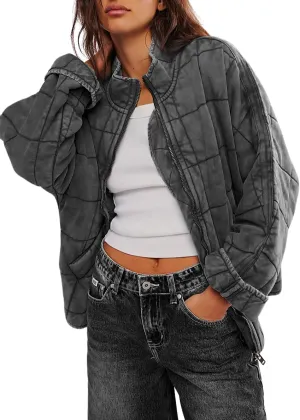 Quilted Jackets for Women Long Sleeve Zip Up Jacket Down Coat Loose Fit Puffer Jackets Winter Warm Outwear with Pockets