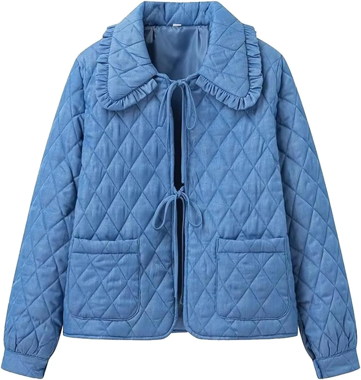 Quilted Jackets for Womens Lightweight Cropped Puffer Coat Casual Long Sleeve Down Jacket with Pockets
