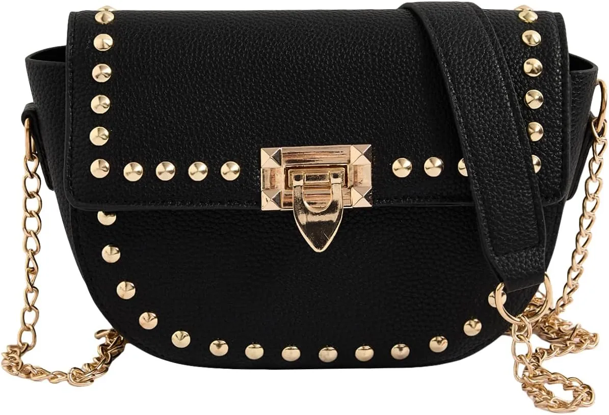 QWINEE Women's Y2k Studded Crossbody Bags Chain Shoulder Strap PU Leather Clutch Purse