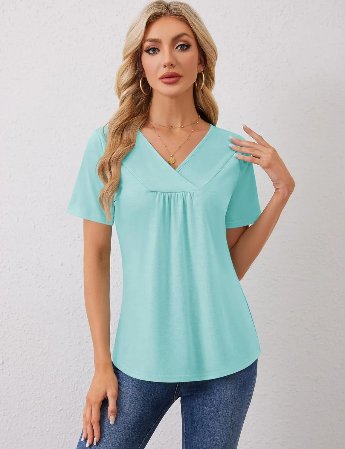 Rapbin Womens Short Sleeve Tunic Tops Dressy V Neck T Shirts Loose Fit Summer Pleated Blouses 2025