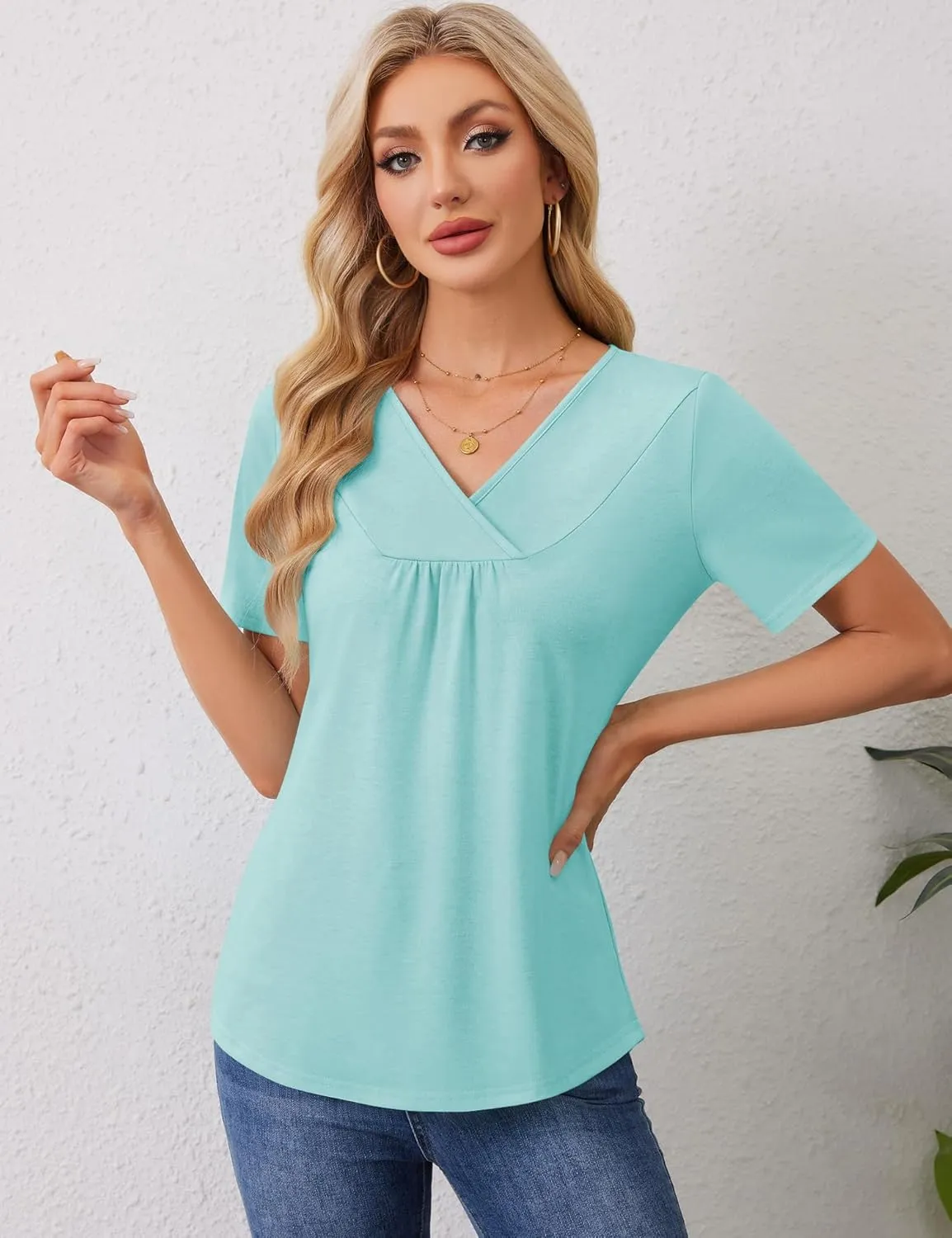 Rapbin Womens Short Sleeve Tunic Tops Dressy V Neck T Shirts Loose Fit Summer Pleated Blouses 2025